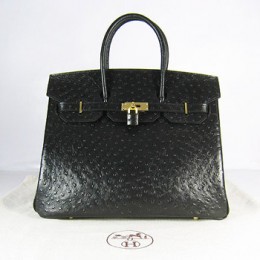 Hermes Birkin 35Cm Ostrich Stripe Handbags Black Gold